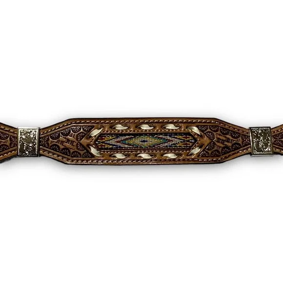 Nocona Mens Western Brown Leather Embossed Braided Belt Size 42 Conchos Inlay